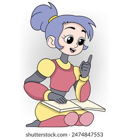 Cartoon Doodle Illustration der künstlichen Intelligenz Technologie in der Lage, neues Wissen zu lernen, sitzt ein weiblicher Roboter ein Wissenschaftsbuch lesen