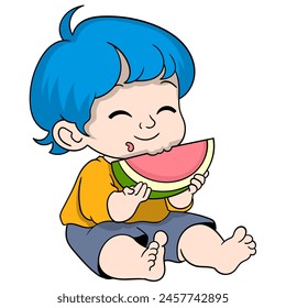 cartoon doodle illustration, baby boy is sitting happily enjoying fresh watermelon