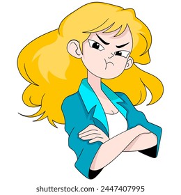 cartoon doodle illustration, a beautiful blonde haired woman with a frowning expression