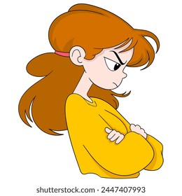 cartoon doodle illustration, a beautiful brown haired woman looks gloomy and angry from the side