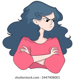 cartoon doodle illustration, a beautiful long haired woman is gloomy and harboring anger