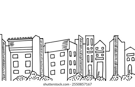 Cartoon doodle illustration black outline of a buildings city skyline.