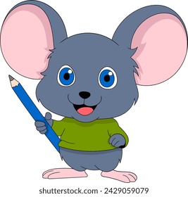 cartoon doodle illustration of cute animal stickers, a green mouse child is carrying a pencil to become a school student, creative drawing 