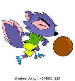 cartoon doodle illustration cute animal, A purple skunk is playing soccer dribbling a ball