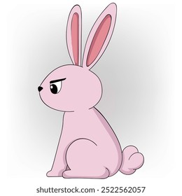 cartoon doodle illustration of cute animal, pink rabbit with angry face sitting with sharp eyes