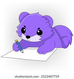 cartoon doodle illustration of cute animals, cute beaver child is writing on white paper