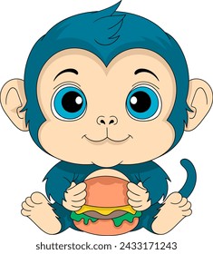 cartoon doodle illustration, cute monkey is sitting carrying a delicious burger, creative drawing 