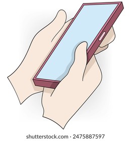 Cartoon doodle illustration of daily use of gadgets, hand holding a smartphone to access anything from the internet