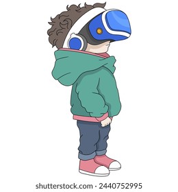 cartoon doodle illustration of the development of modern technology, a man is wearing virtual reality glasses for daily activities, creative drawing 