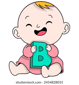 Dibujo animado de garabato ilustración de aprendizaje temprano, bebé riéndose feliz está sentado sosteniendo la letra B