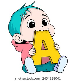 cartoon doodle illustration of early learning, baby boy is sitting holding the letter A, learning while playing