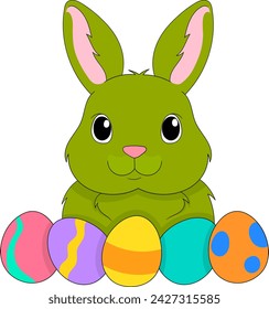 Ilustración de garabato de dibujos animados de la celebración de Pascua, conejo verde con huevos de colores, celebración cristiana católica, dibujo creativo 