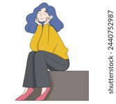 cartoon doodle illustration of falling in love, a woman with a happy face is sitting with her eyes closed daydreaming, creative drawing 