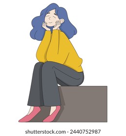 dibujo animado doodle ilustración de enamorarse, una mujer con una cara feliz está sentada con los ojos cerrados soñando despierta, dibujo creativo 