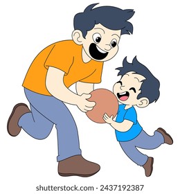 cartoon doodle illustration for father's day, father and son are playing catch ball together, they are happy, creative drawing 