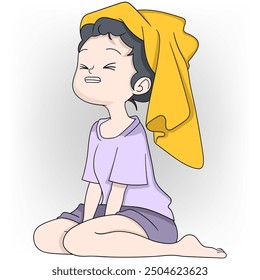 cartoon doodle illustration of a girl sitting, a woman wearing a towel on her head after taking a shower, her face shows sadness