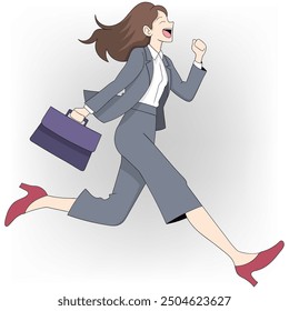 cartoon doodle illustration of hard working woman, business girl is rushing to the office, her face is laughing happily