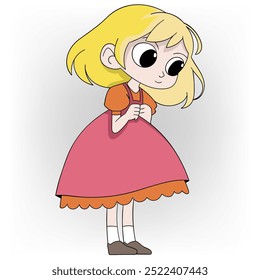 cartoon doodle illustration of human activities, beautiful girl wearing red dress is looking down with curious expression