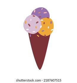 cartoon doodle illustration of ice cream cone with three colorful scoops