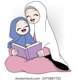 cartoon doodle illustration of the Islamic religion always prioritizing education in the family, mother and daughter are reading a book together