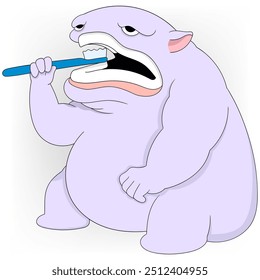 Cartoon doodle illustration of maintaining oral hygiene and health, monster diligently brushes his teeth before going to bed at night