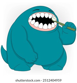 Cartoon doodle illustration of maintaining oral hygiene and health, monster diligently brushes his teeth before going to bed at night