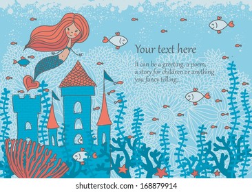 cartoon doodle illustration of a mermaid in corals with fish and an underwater castle with space for your text