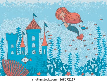 cartoon doodle illustration of a mermaid in corals with fish and an underwater castle