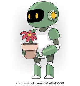 cartoon doodle illustration of modern environmentally friendly technology, an artificial intelligence robot is taking care of plants so that the earth becomes beautiful