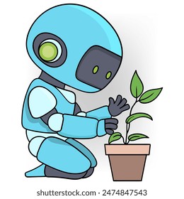 cartoon doodle illustration of modern technology, artificial intelligence cares about the earth's ecology, robots take care of plants so that they grow well to make the earth more beautiful