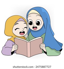 Cartoon doodle illustration of Muslim education, two girls wearing hijabs are sharing reading a book together