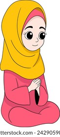 cartoon doodle illustration of Muslim worship, a girl wearing a hijab is sitting gently welcoming guests, creative drawing 