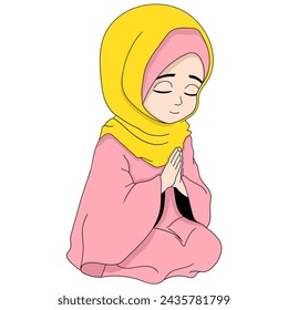 cartoon doodle illustration of people doing religious activities, a Muslim girl wearing a hijab is sitting praying, creative drawing 