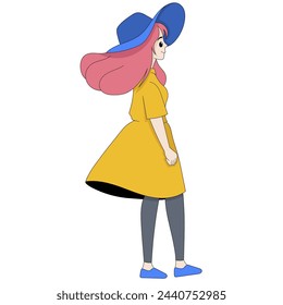 Cartoon doodle illustration of people's daily activities, girl walking around wearing casual clothes going on a trip, creative drawing 