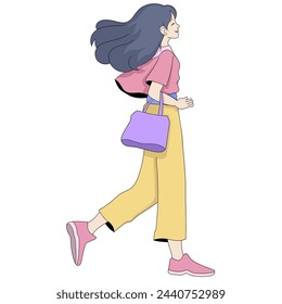 cartoon doodle illustration of people's daily activities, a girl is walking in a hurry to get to a place to hang out with her boyfriend, creative drawing 