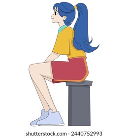 cartoon doodle illustration of people's daily activities, a beautiful woman is sitting alone waiting for her boyfriend to pick her up to hang out, creative drawing 