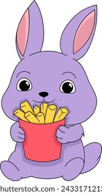 cartoon doodle illustration, purple rabbit is carrying delicious french fries, creative drawing 