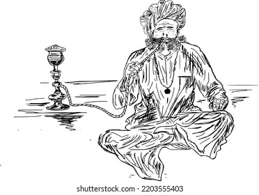 Cartoon doodle illustration of rajasthani man holding hookah, old man with hookah sketch drawing, indian old man smoking hookah silhouette clip art