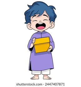 cartoon doodle illustration of religious activities, Muslim young boy is carrying gifts to share happily