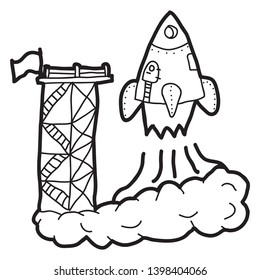 Cartoon doodle illustration of rocket launch into space for t-shirt print design, postcards