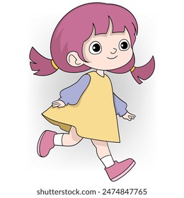 cartoon doodle illustration of school student activities, little girl is running around happily playing