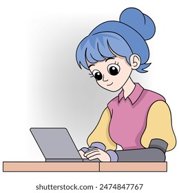 cartoon doodle illustration of school student activities, a beautiful girl is sitting using a laptop to complete homework