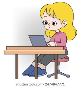 cartoon doodle illustration of school student activities, a beautiful girl is sitting using a laptop to complete homework