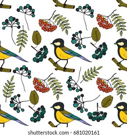 Cartoon doodle illustration. Seamless autumn vector pattern with tits and rowanberries.
