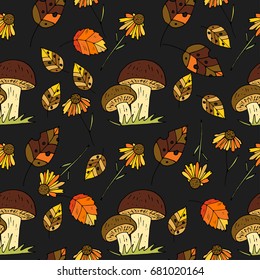 Cartoon doodle illustration. Seamless autumn vector pattern with mushrooms, autumn leaves and flowers.