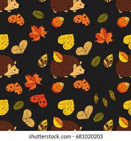 Cartoon doodle illustration. Seamless autumn vector pattern with hedgehog and autumn leaves.