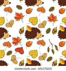 Cartoon doodle illustration. Seamless autumn vector pattern with hedgehog and autumn leaves.
