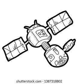 Cartoon doodle illustration of space satellite or spaceship for coloring book, t-shirt print design, greeting card