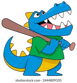 cartoon doodle illustration of a sports animal, a blue crocodile with a fierce face carrying a baseball stick to a game