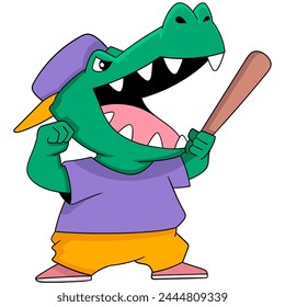cartoon doodle illustration of sports animals, a crocodile practicing baseball, carrying a ball bat